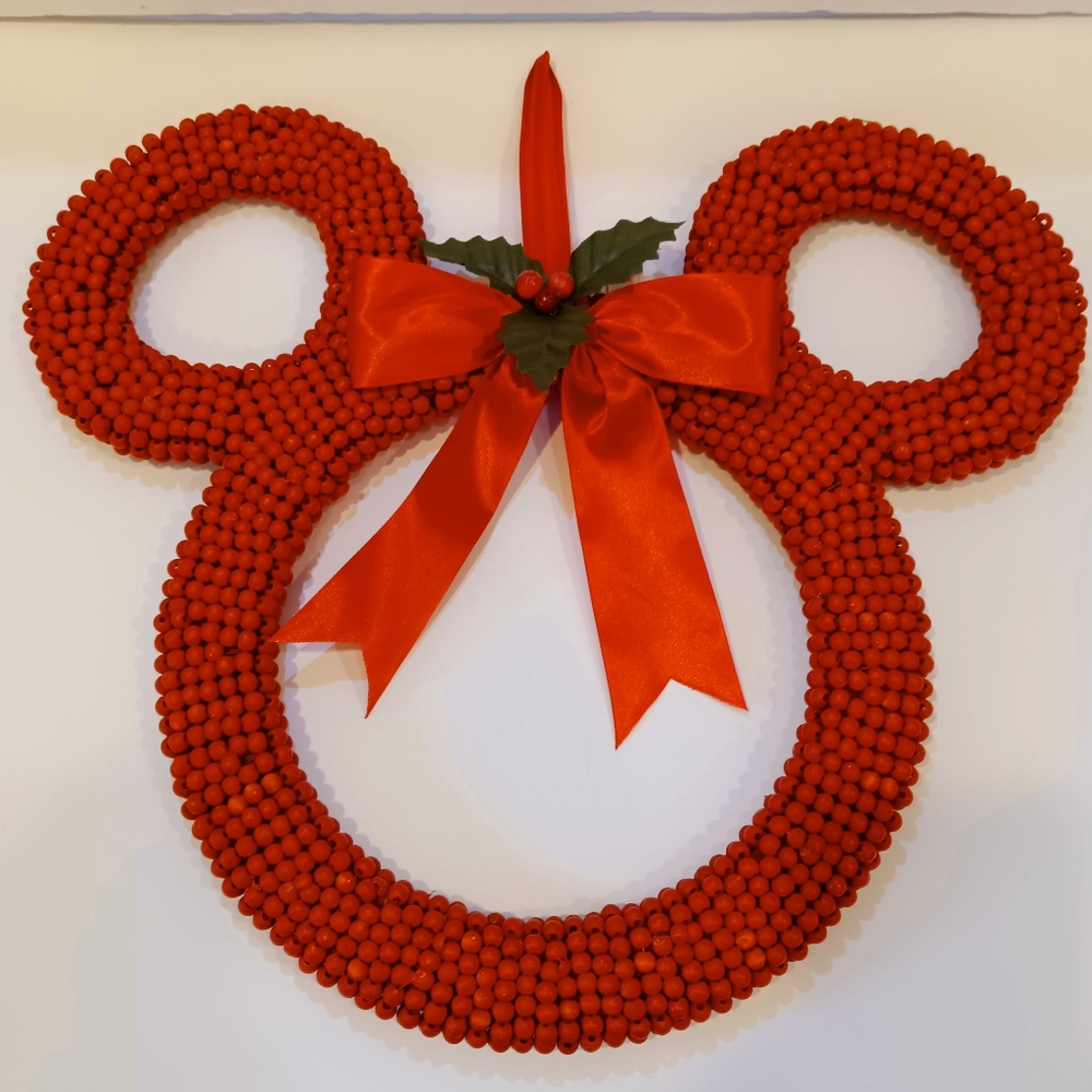 RARE Disney Mickey Ears Silhouette Holiday Wreath Wooden Beads